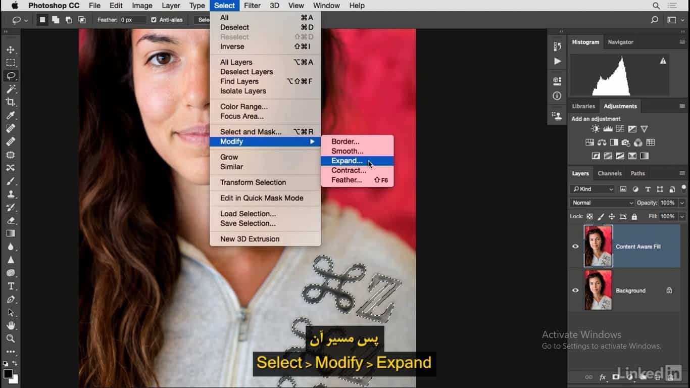 انتخاب تب select و انتخاب گزینه ی modify و انتخاب expand در نحوه برداشتن لوگو از روی عکس